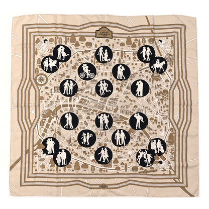 Hermes Silk Les Nouveaux Amoureux de Paris Scarf 90 Beige Black White 1 of 3