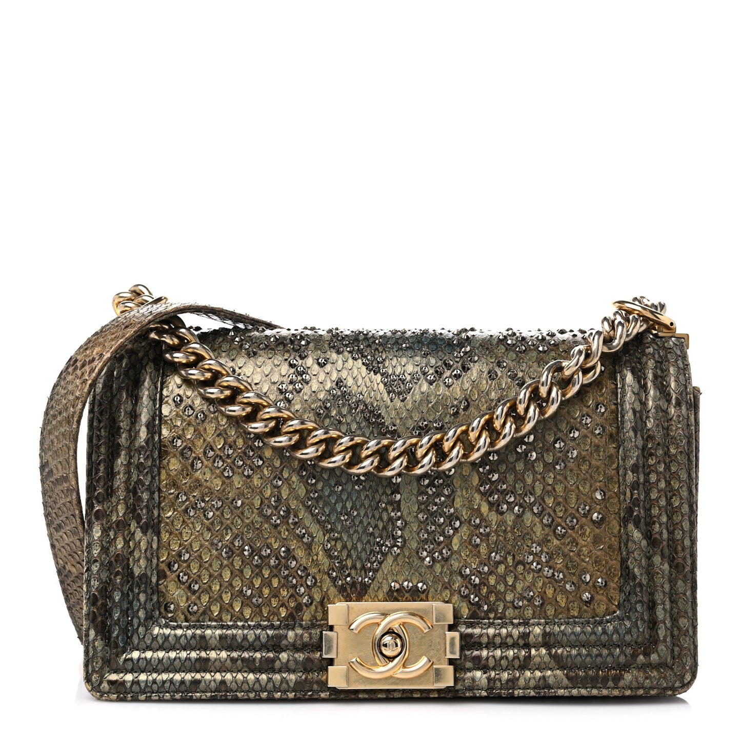 Embellished Metallic Snakeskin Medium Boy Flap Gold