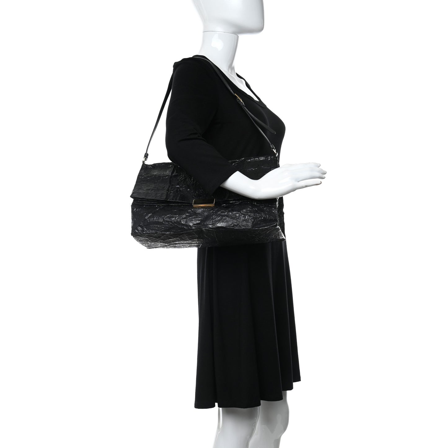 Crinkled Faux Patent Beckett Shoulder Bag Black