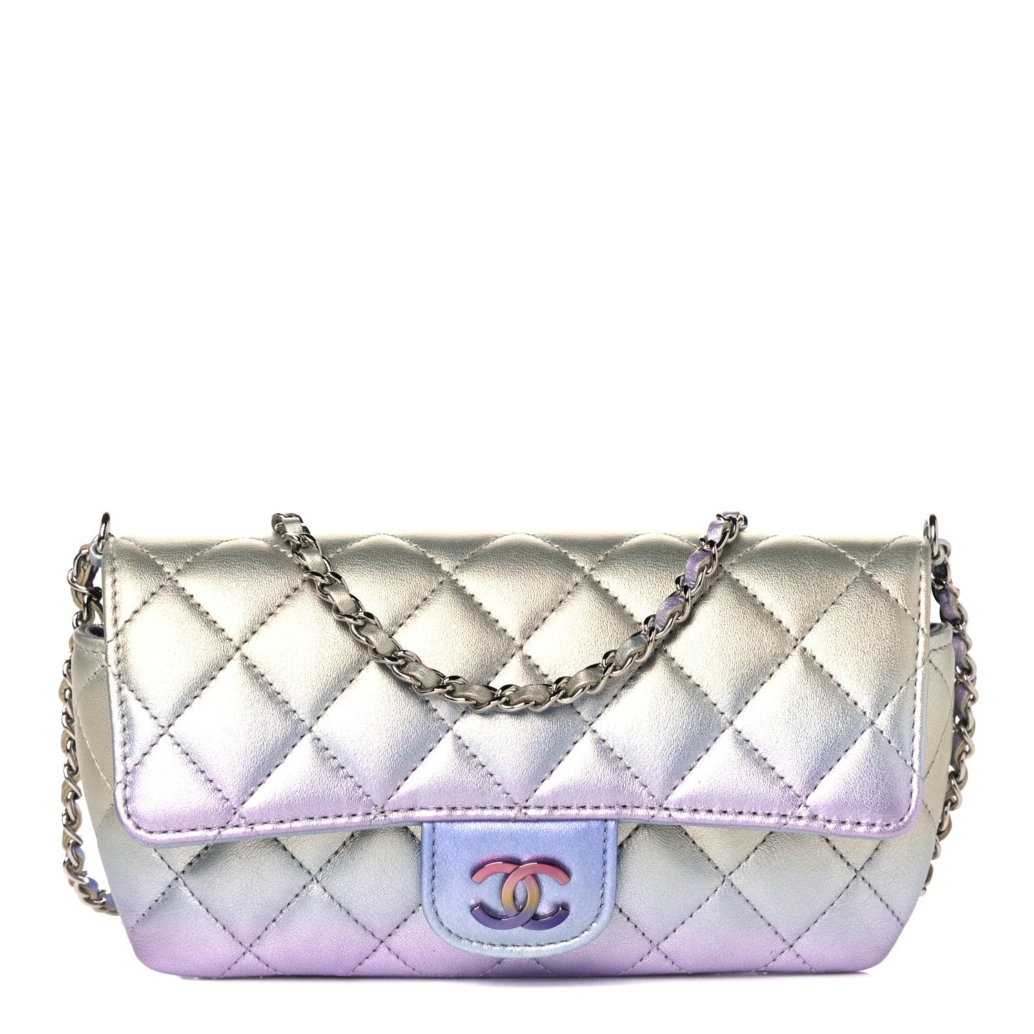 Chanel Gradient Metallic Calfskin Quilted Glasses Case With Chain Silver Blue Yellow Purple 1 of 11