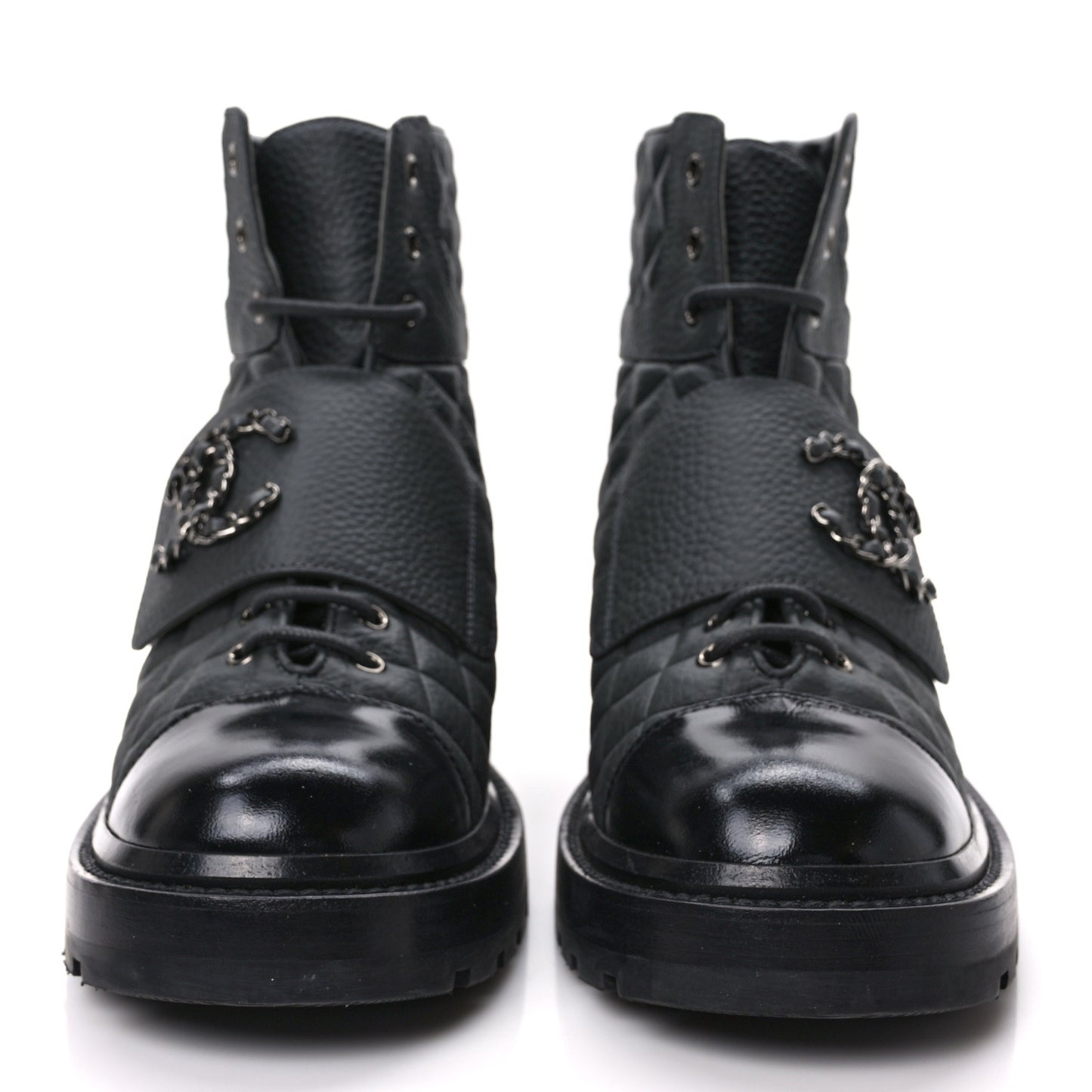 Calfskin Shiny Calfskin Quilted Lace Up Combat Boots 40.5 Dark Grey Black