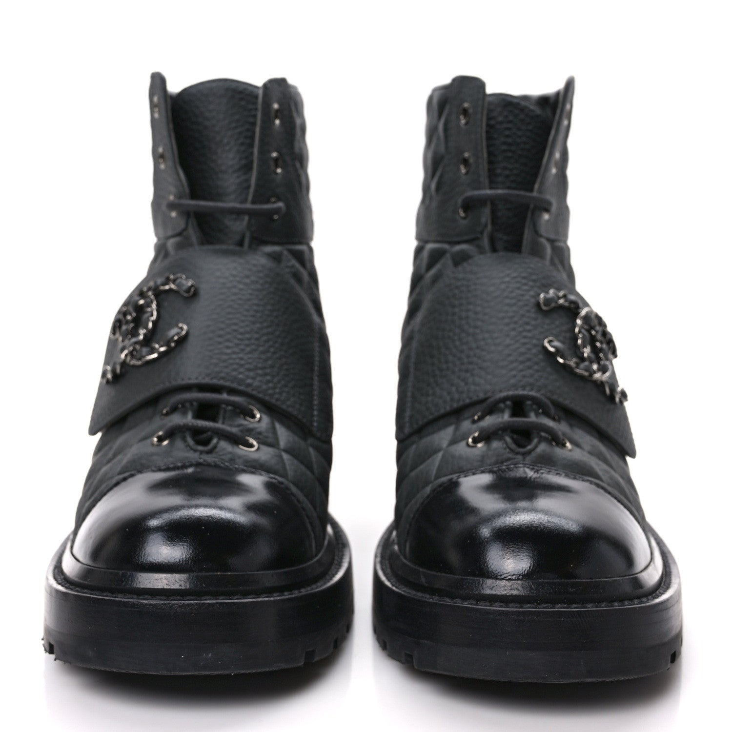 Chanel Calfskin Shiny Calfskin Quilted Lace Up Combat Boots 40.5 Dark Grey Black 2 of 10