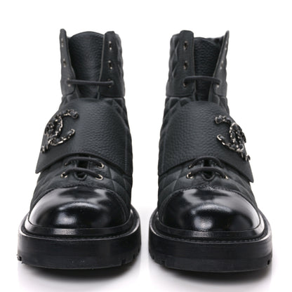Chanel Calfskin Shiny Calfskin Quilted Lace Up Combat Boots 40.5 Dark Grey Black 2 of 10
