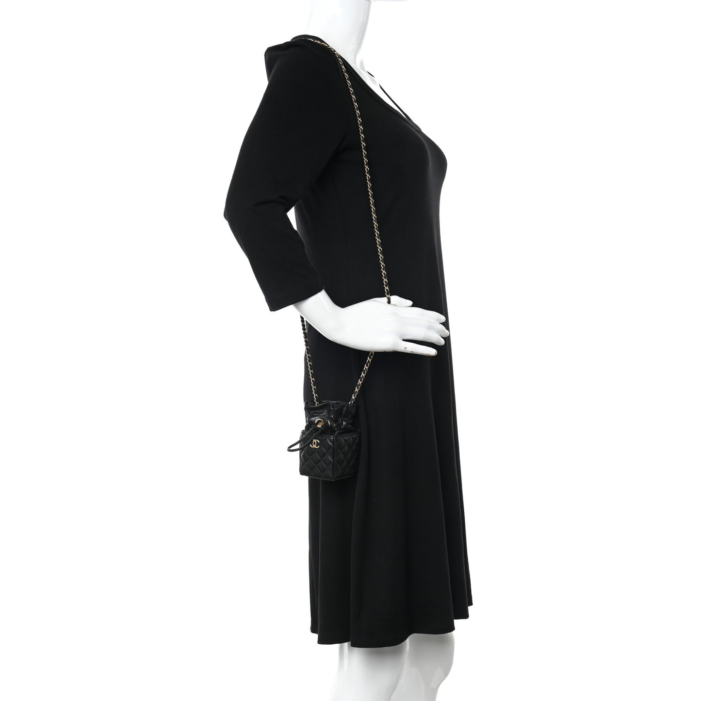 Calfskin Quilted Mini Drawstring Bucket Bag Black