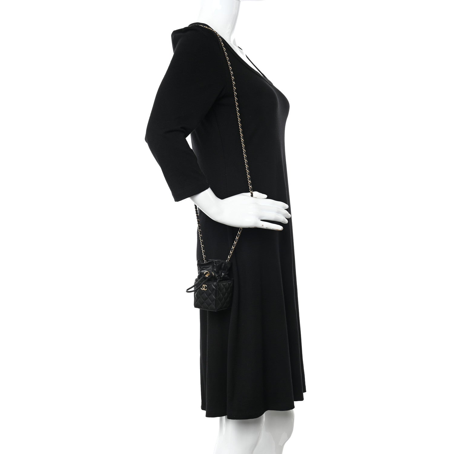 Chanel Calfskin Quilted Mini Drawstring Bucket Bag Black 2 of 11