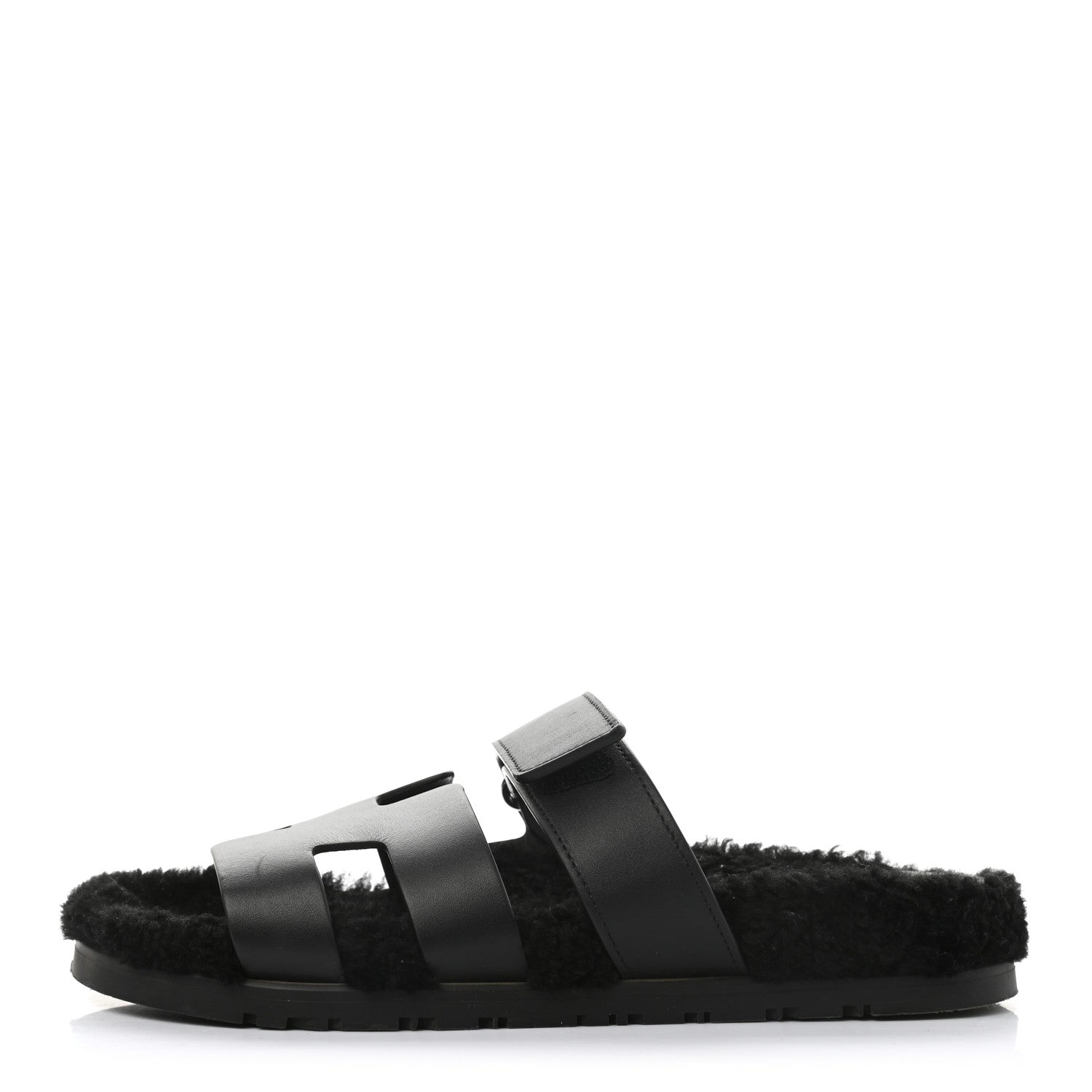 Hermes Calfskin Woolskin Womens Chypre Sandals 38 Black 1 of 13