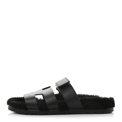 Hermes Calfskin Woolskin Womens Chypre Sandals 38 Black 1 of 13