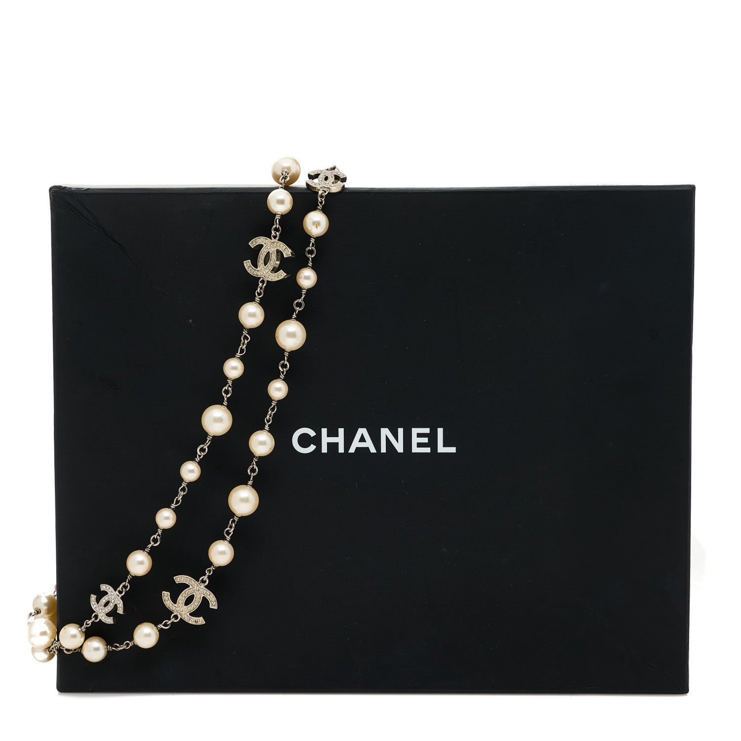 Chanel Graduated Pearl Crystal CC Long Necklace Silver 5 of 5