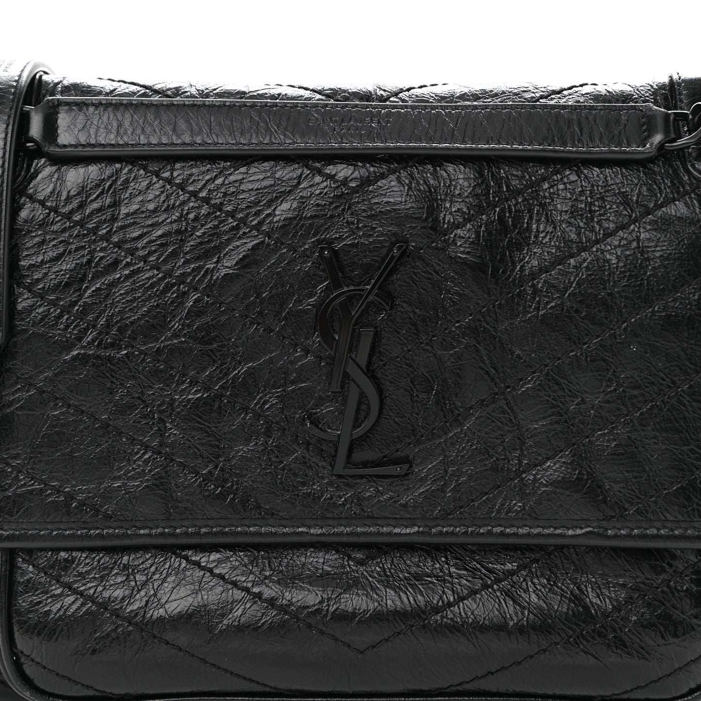 Crinkled Calfskin Matelasse Monogram Medium Niki Chain Satchel Black