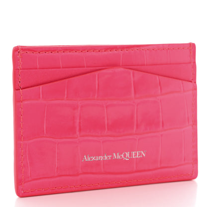 Alexander McQueen Calfskin Crocodile Embossed Skull Card Holder Neon Pink 3 of 8
