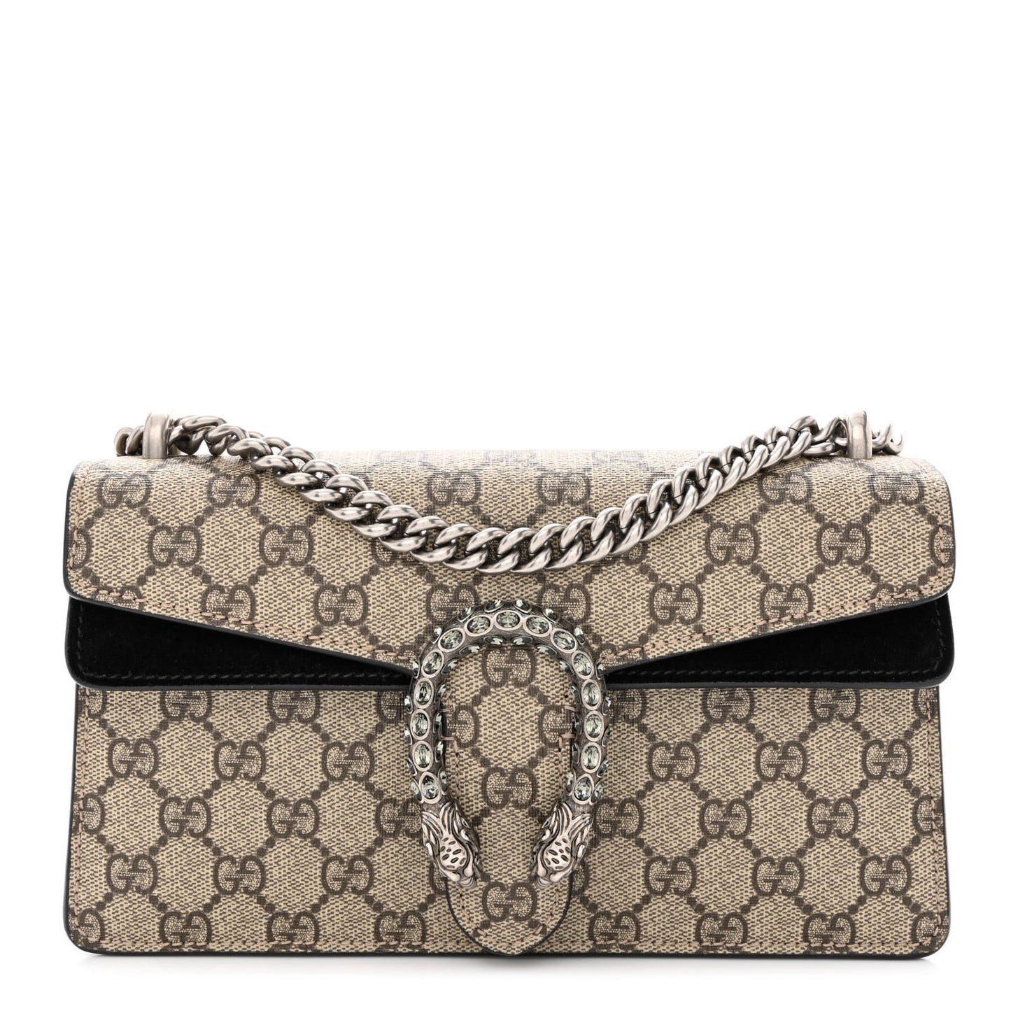 GG Supreme Monogram Suede Crystal Small Dionysus Shoulder Bag Beige Ebony Black