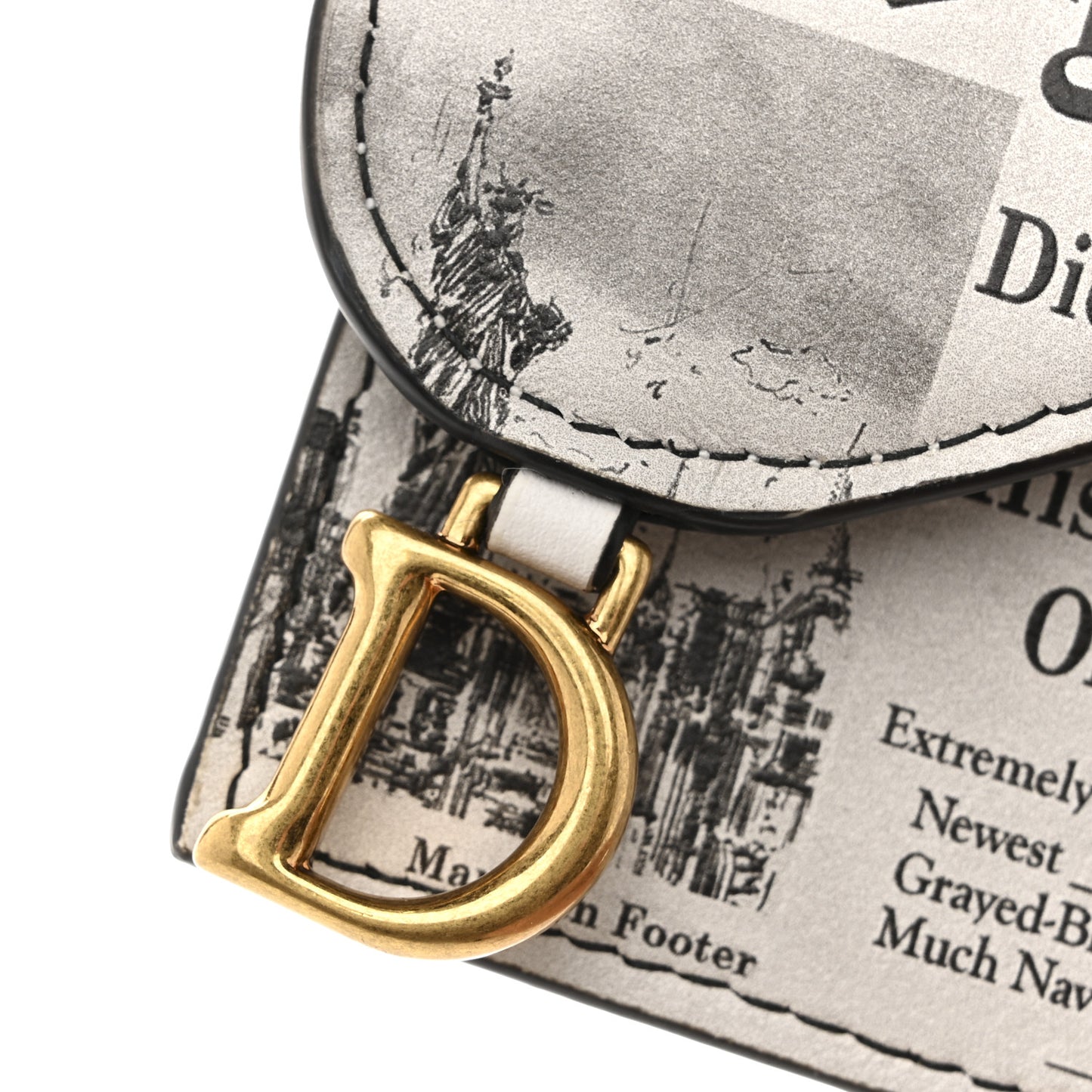 Calfskin Newspaper Printed Saddle Bloom Card Holder White Black