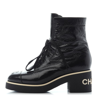 Chanel Shiny Crumpled Lambskin Lace Up Combat Boots 38 Black 1 of 4