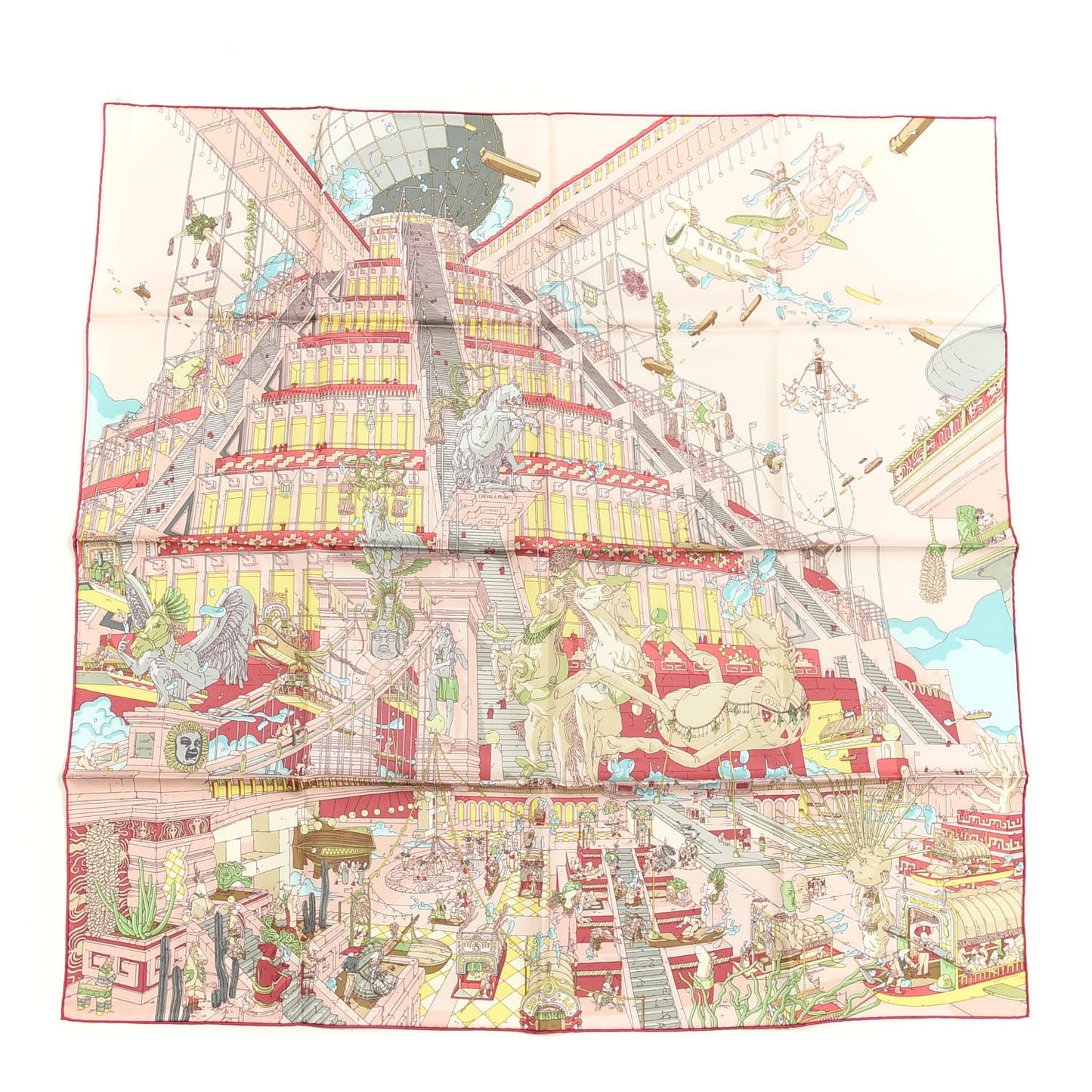 Silk La Legende Du Cheval A Plumes Scarf 90 Rose Pale Jaune Vif Turquoise