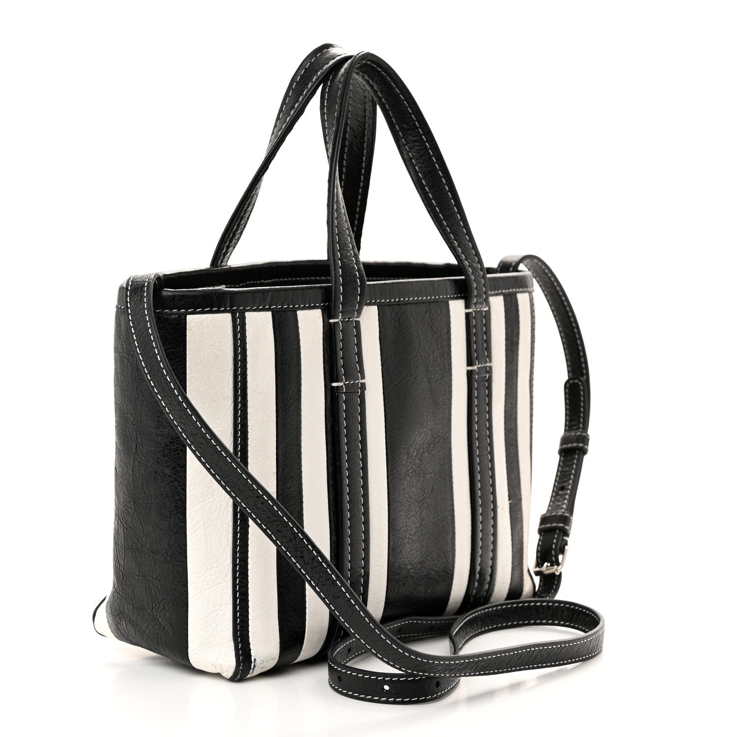 Balenciaga Agneau Arena Striped Patchwork Small Barbes East West Shopper Black White 2 of 9