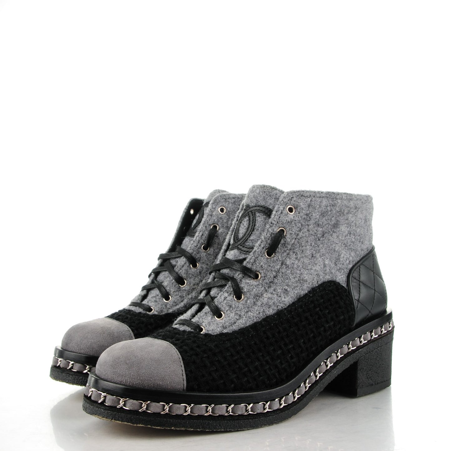 Tweed Suede Calfskin Chain Around Boots 38 Grey Black
