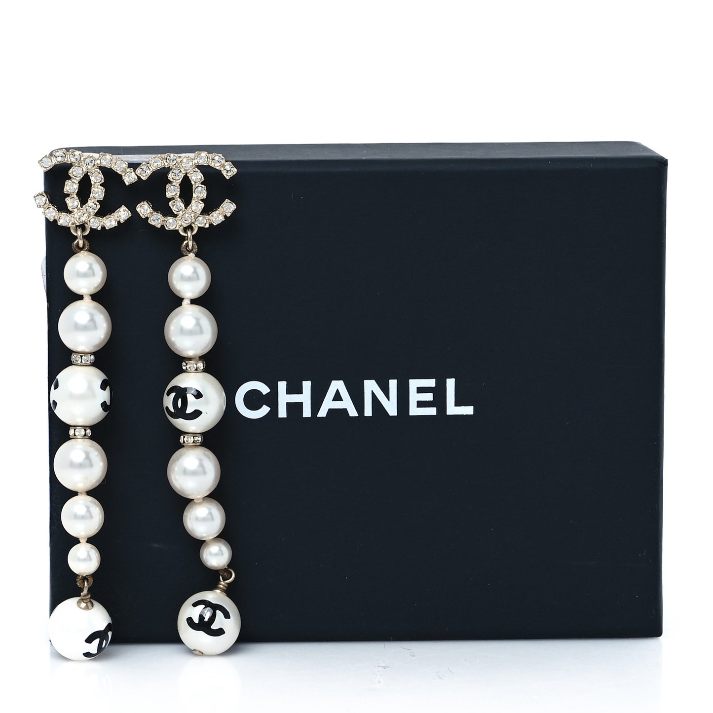 Pearl Crystal Coco's Pearls CC Long Drop Earrings Pearly White Gold Black