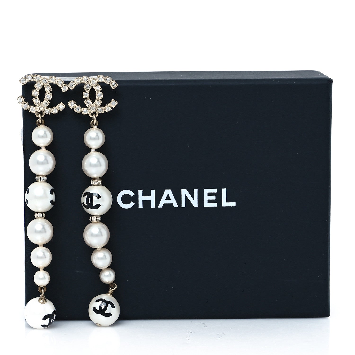 Chanel Pearl Crystal Coco's Pearls CC Long Drop Earrings Pearly White Gold Black 5 of 5