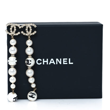 Chanel Pearl Crystal Coco's Pearls CC Long Drop Earrings Pearly White Gold Black 5 of 5