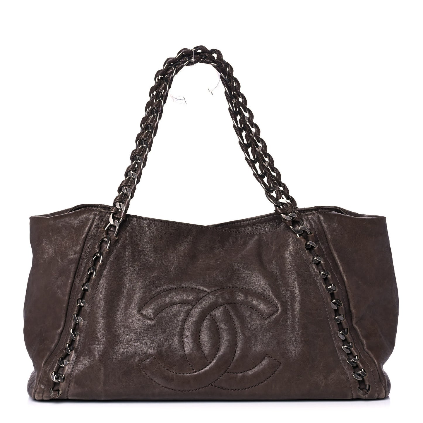 Calfskin East West Modern Chain Tote Dark Brown