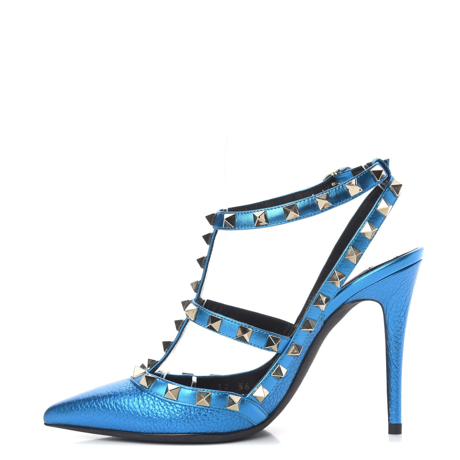 Valentino Garavani Metallic Pebbled Calfskin Rockstud Ankle Strap Pumps 36 Light Blue 1 of 10