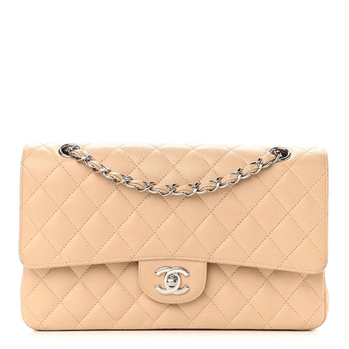Caviar Quilted Medium Double Flap Beige