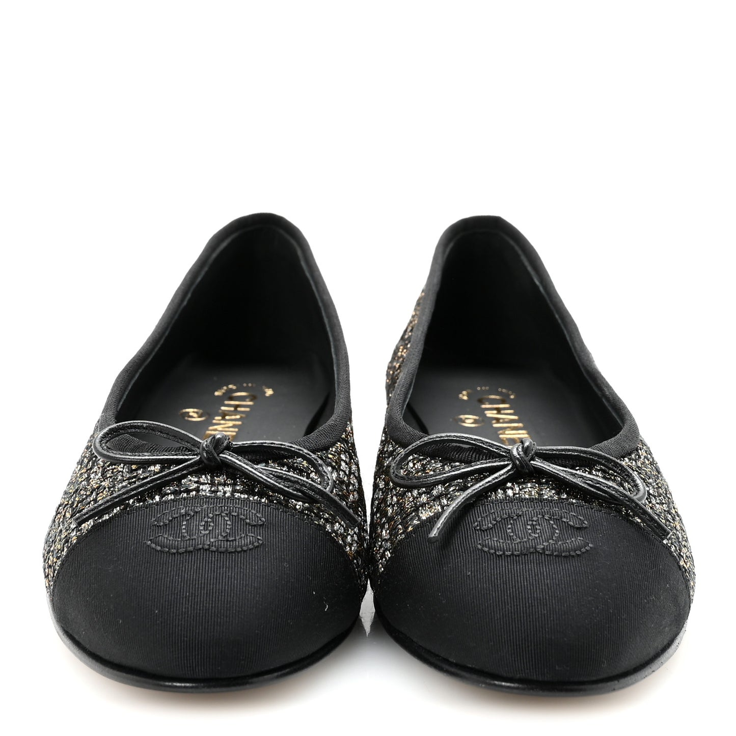 Tweed Grosgrain Cap Toe Ballerina Flats 39 Gold Black