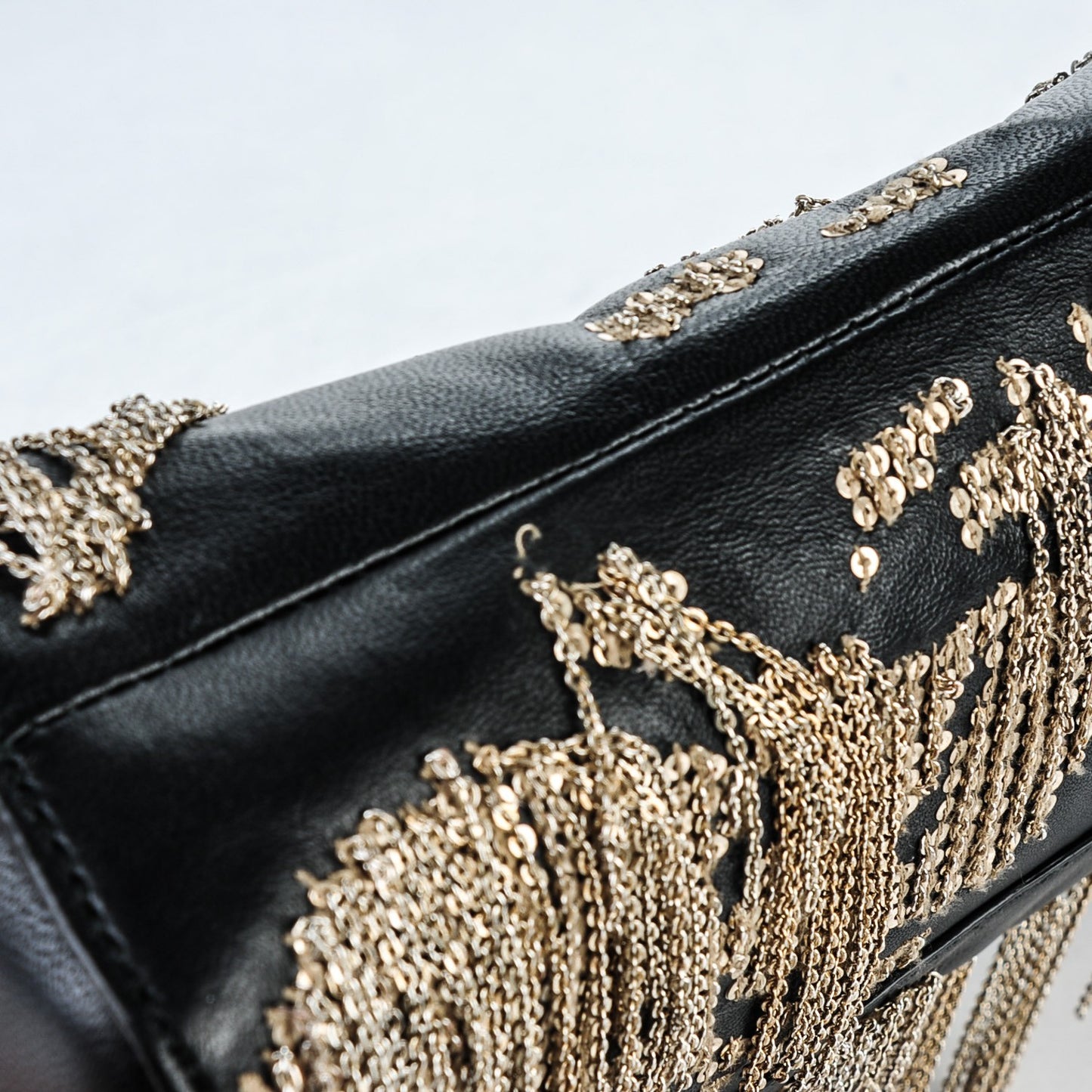 Nappa Embroidered Chain Medallion Heraldic Satchel Black