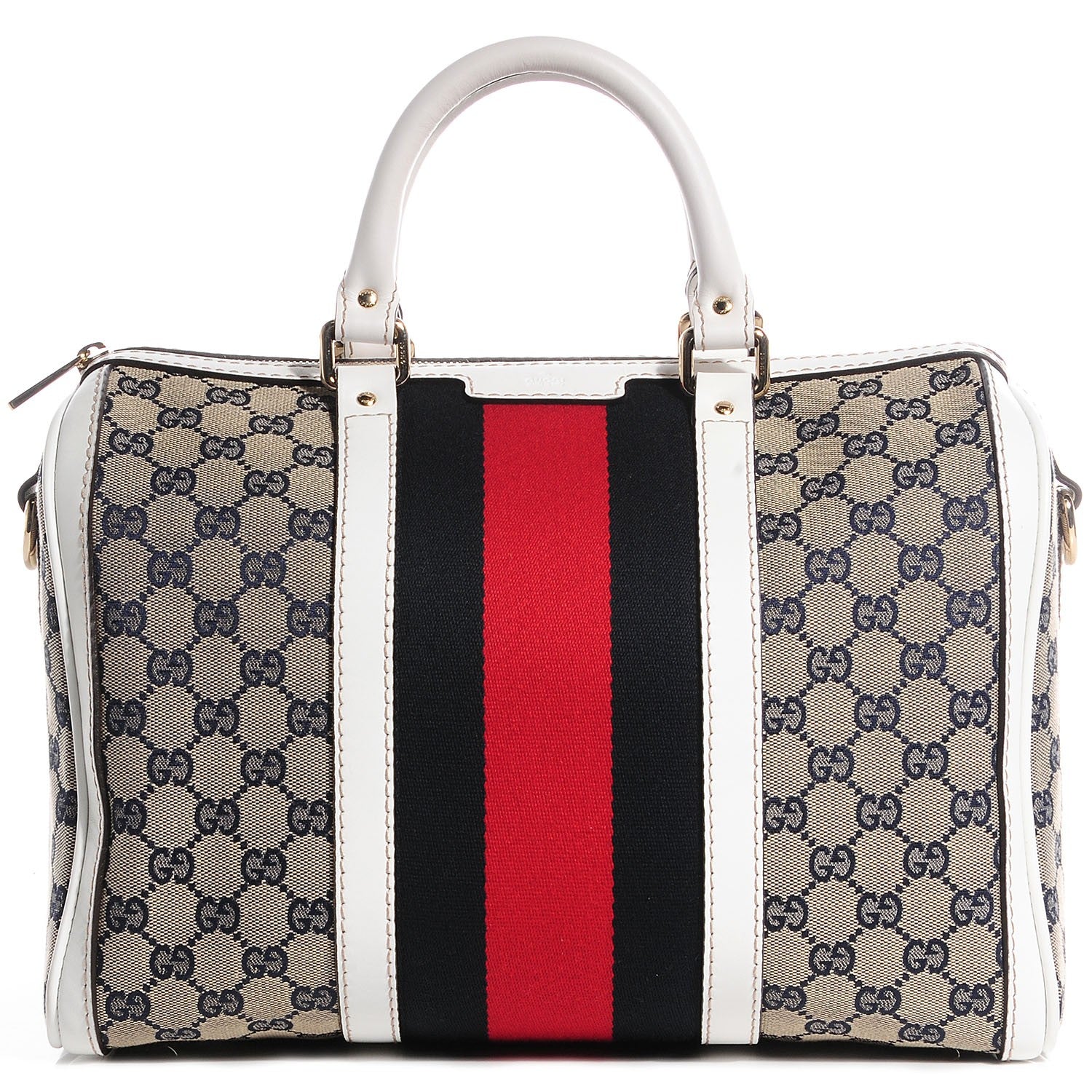 Gucci Monogram Selleria Calfskin Vintage Web Medium Boston Beige Blue Mystic White 1 of 7