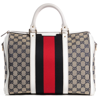 Gucci Monogram Selleria Calfskin Vintage Web Medium Boston Beige Blue Mystic White 1 of 7