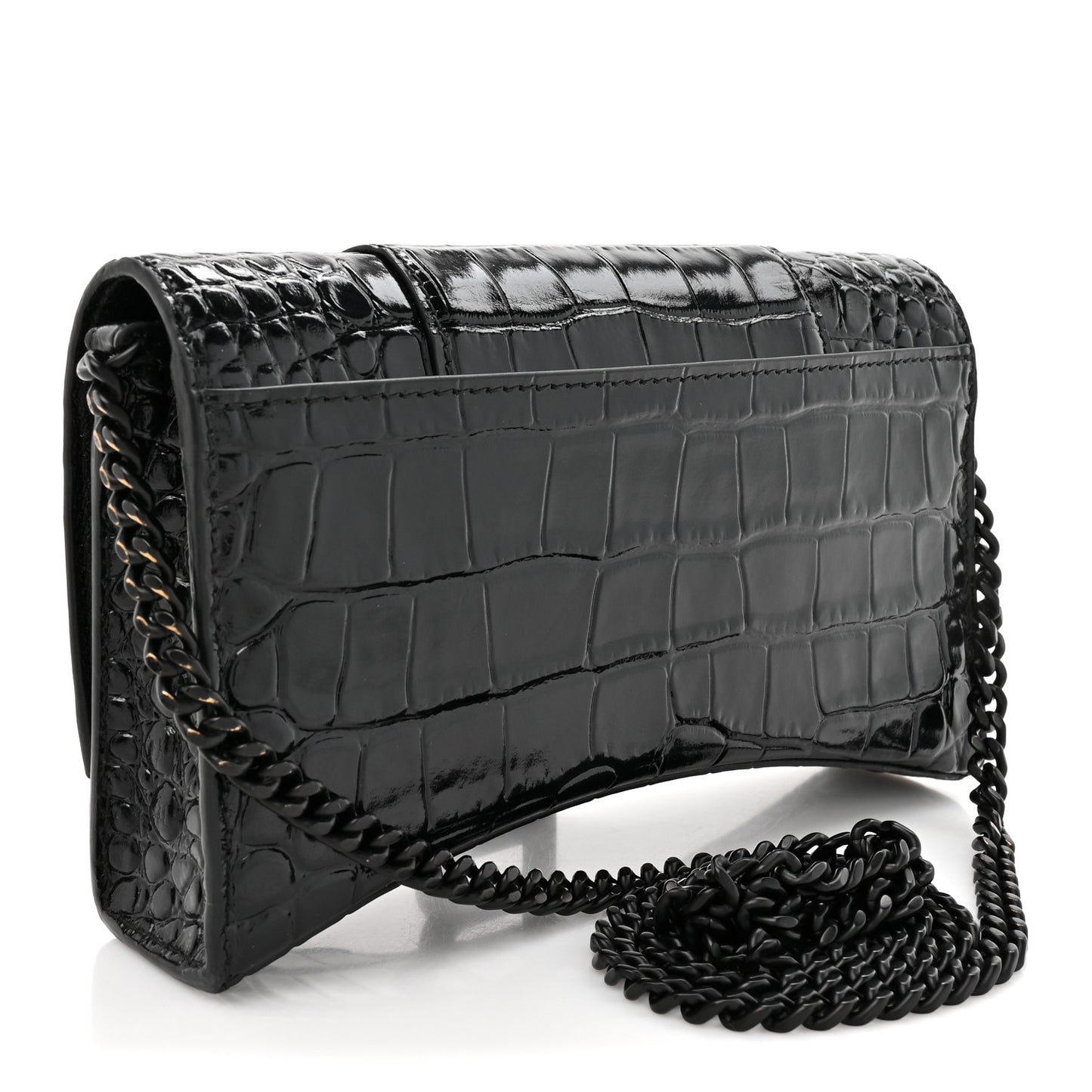 Shiny Calfskin Monochrome Crocodile Embossed Hourglass Chain Bag Black