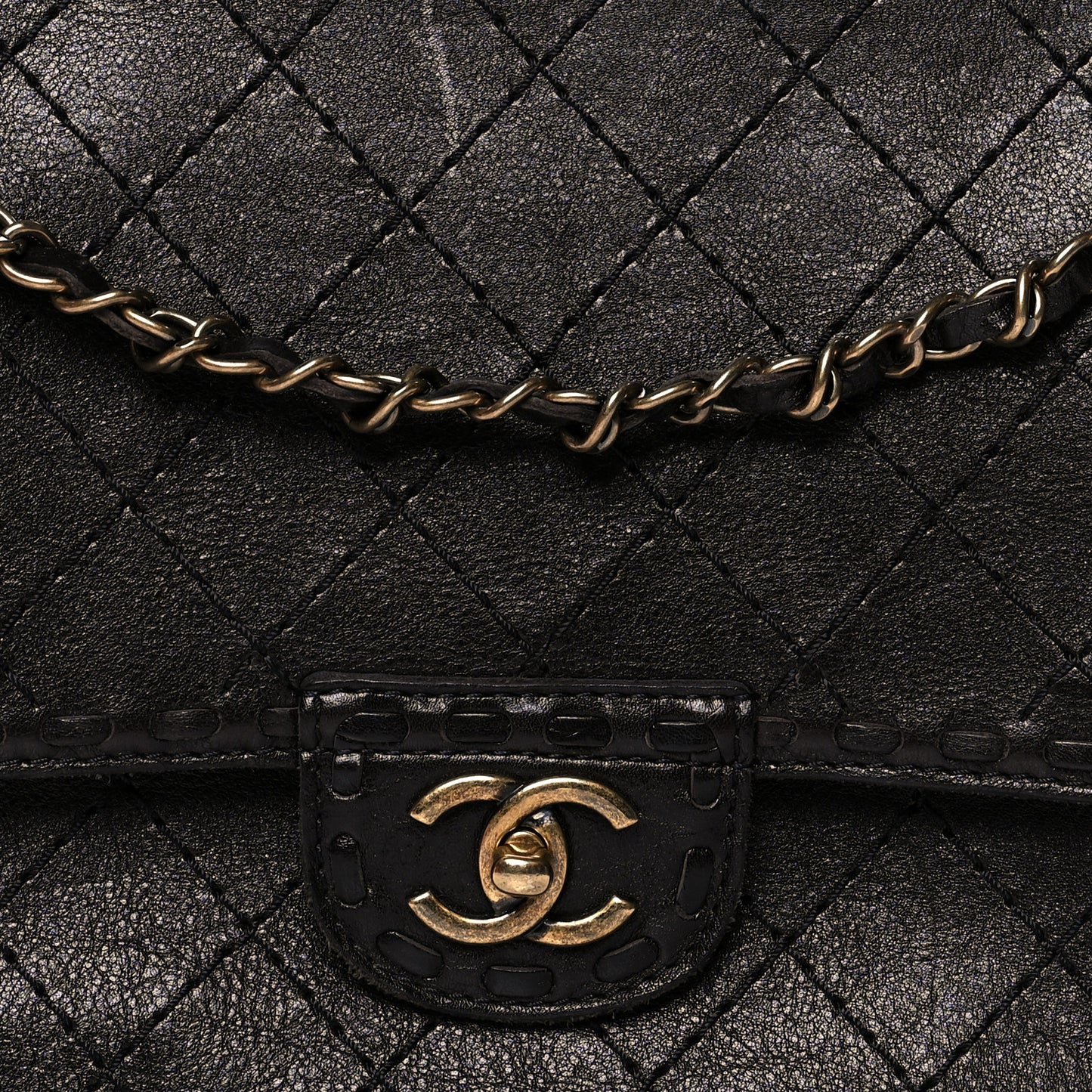 Calfskin Stitched Large Vintage Flap Dark Brown