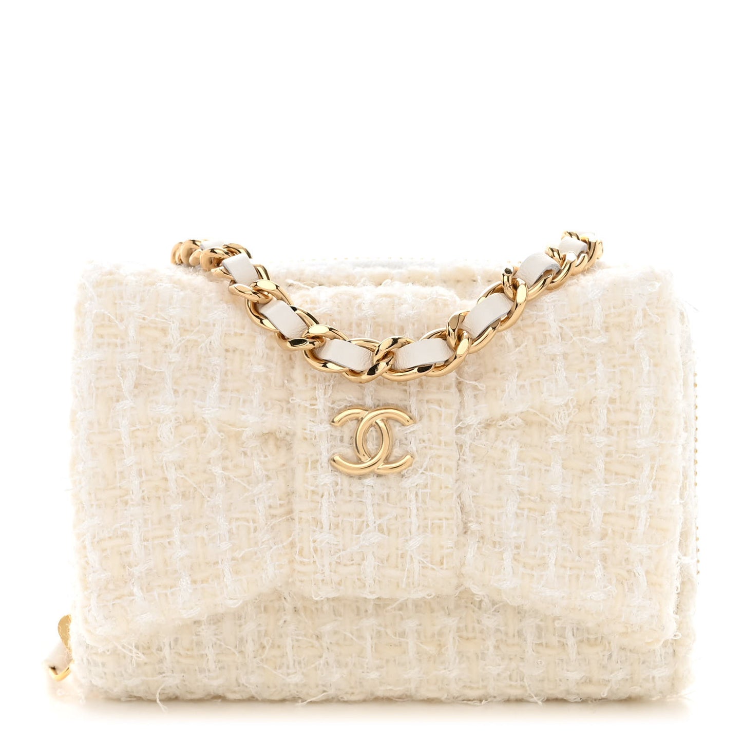 Tweed Quilted Bow Flap Card Holder On Chain White
