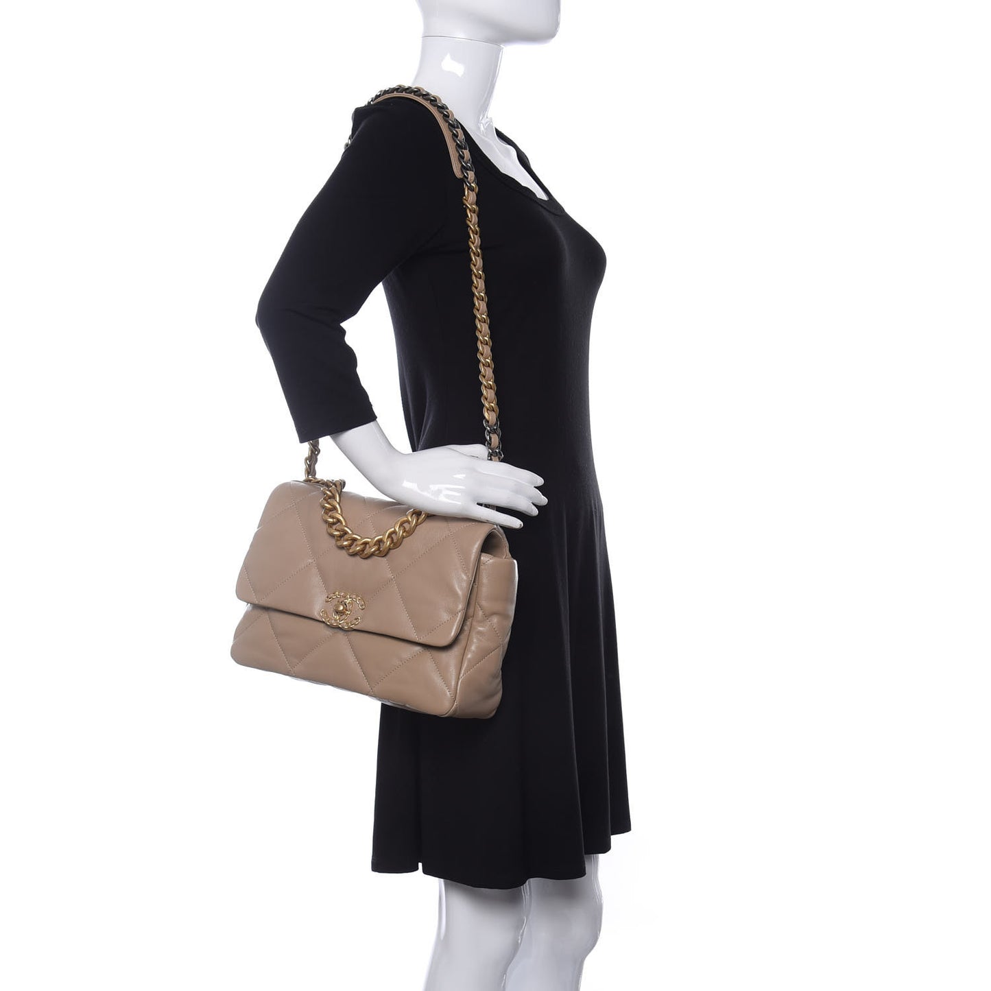 Lambskin Quilted Large Chanel 19 Flap Dark Beige