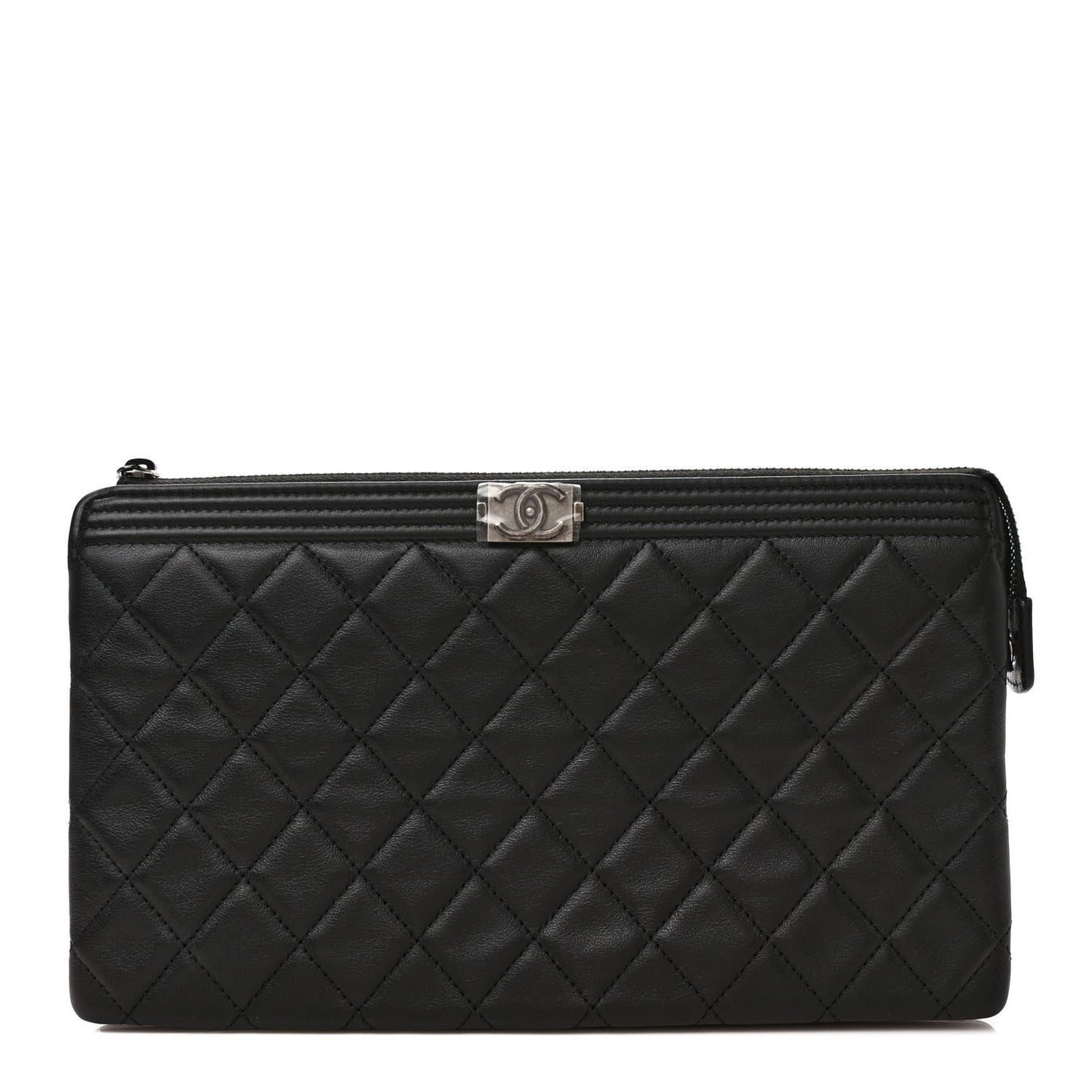 Calfskin Quilted Small Zipped Boy Pouch Black