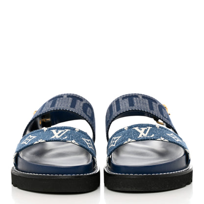 Louis Vuitton Monogram Denim Paseo Flat Comfort Sandals 37 Navy Blue 2 of 10
