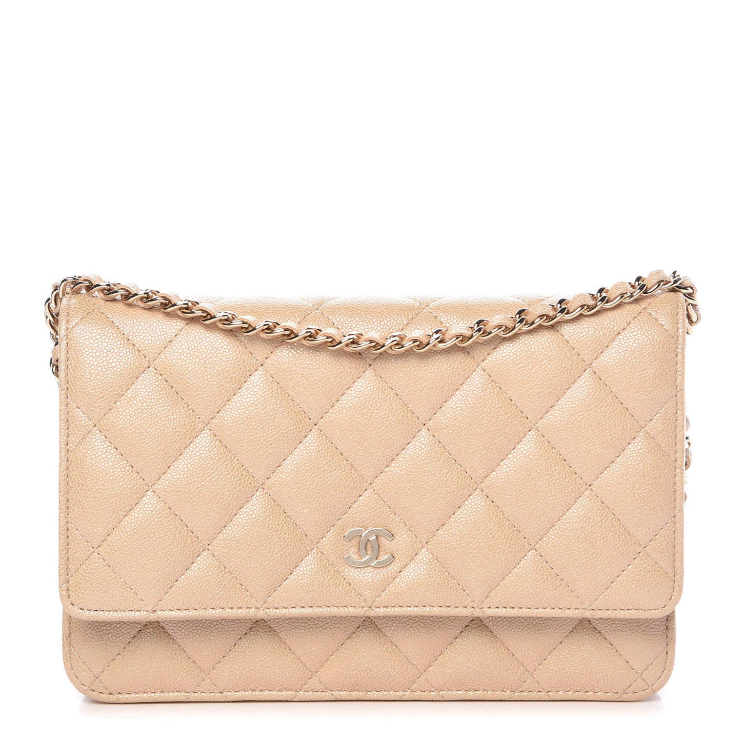 Iridescent Caviar Quilted Wallet On Chain WOC Beige
