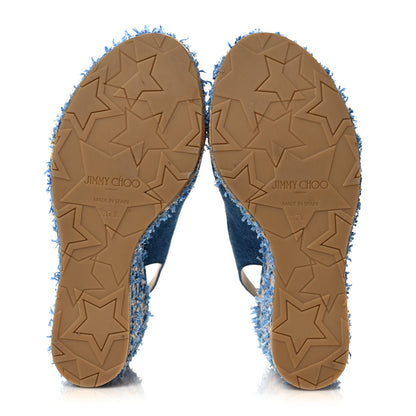 Jimmy Choo Denim Fringed Raffia Almer 105 Wedge Sandals 37.5 Navy 5 of 8