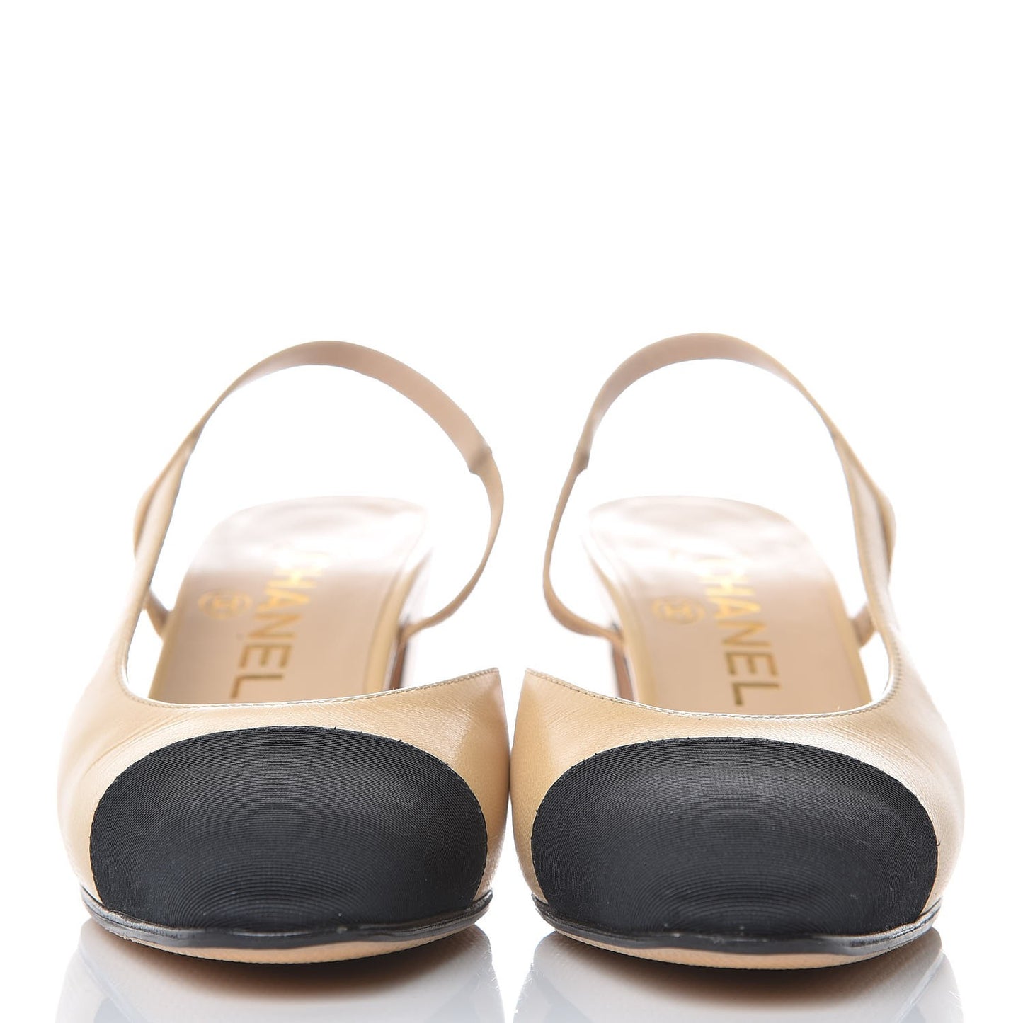 Goatskin Grosgrain Cap Toe CC Slingback Pumps 35 Beige Black