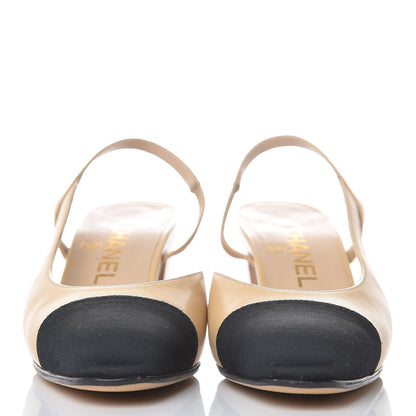 Chanel Goatskin Grosgrain Cap Toe CC Slingback Pumps 35 Beige Black 2 of 9