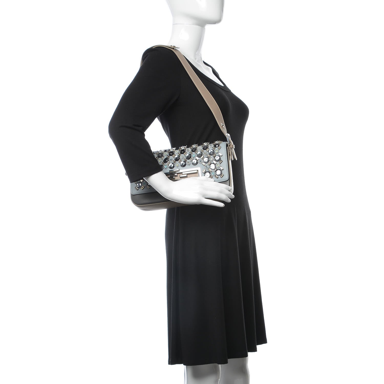Fendi Vitello Dolce Crystal 3Baguette Shoulder Bag Blue Grey 2 of 13