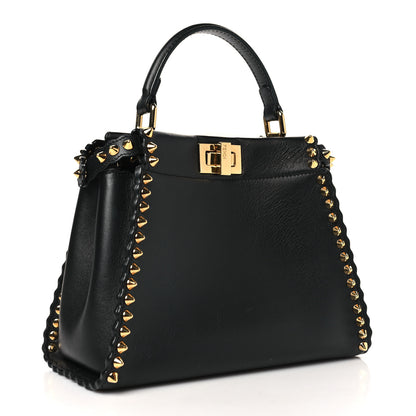 Fendi Vitello Seta Shiny Nappa Scalloped Studded Mini Peekaboo Iconic Satchel Black 3 of 11