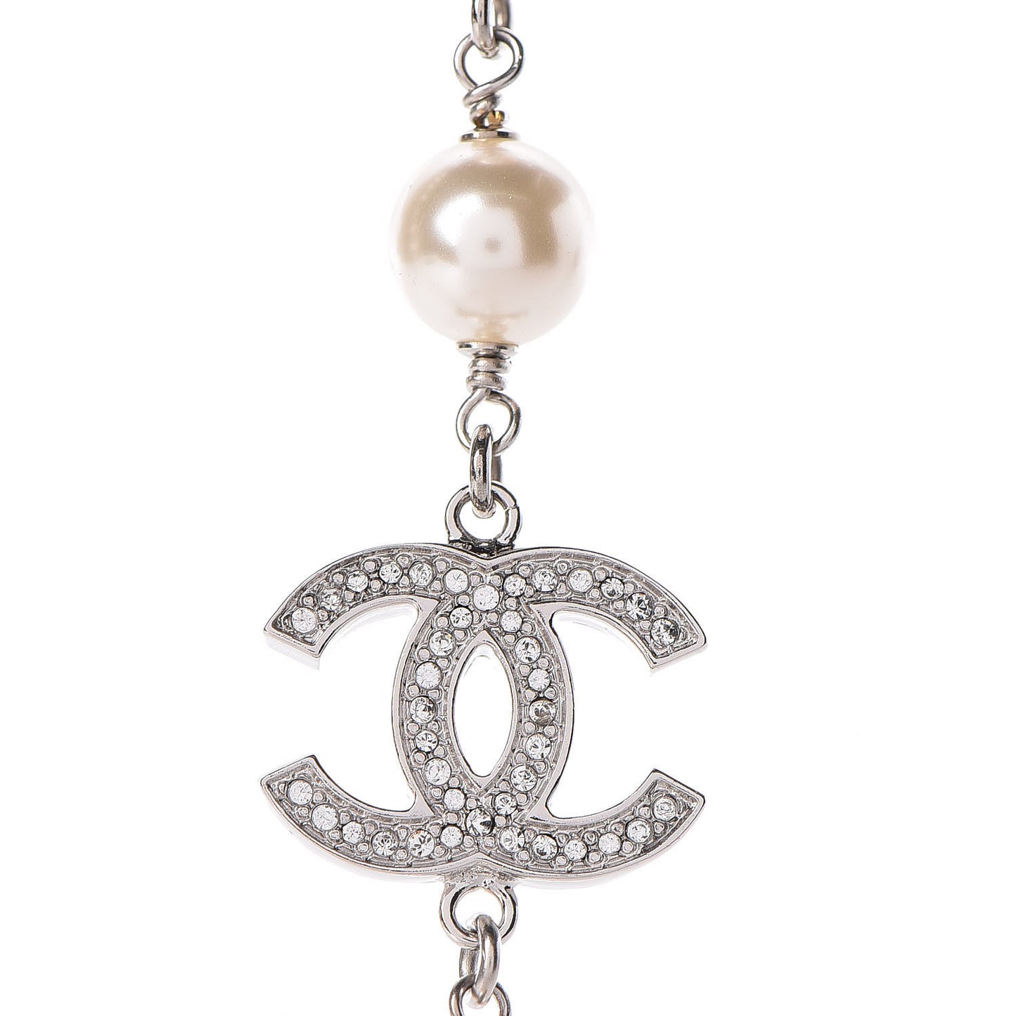 Graduated Pearl Crystal CC Long Necklace Silver Pearly White