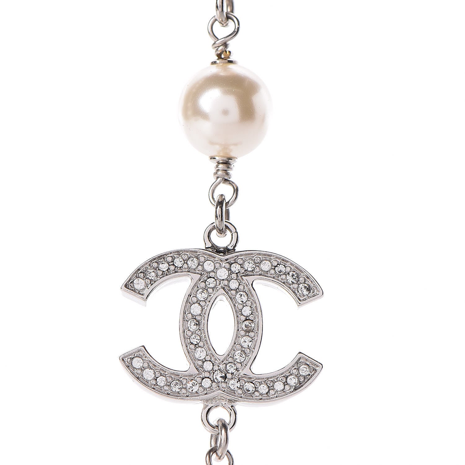 Chanel Graduated Pearl Crystal CC Long Necklace Silver Pearly White 6 of 7