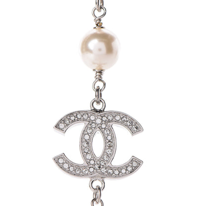 Chanel Graduated Pearl Crystal CC Long Necklace Silver Pearly White 6 of 7