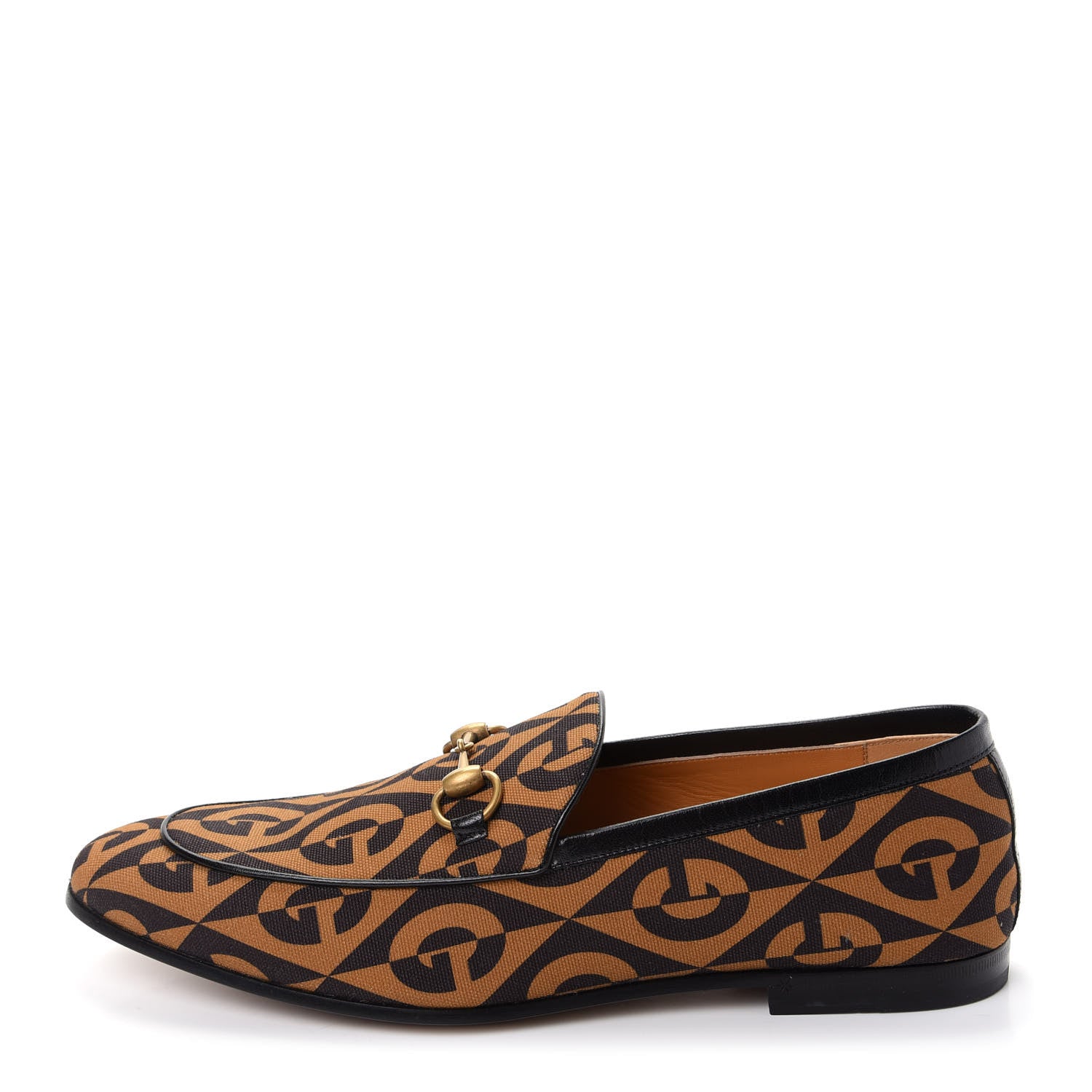 Gucci Canvas Rhombus Horsebit Mens Jordaan Loafers 9.5 Camel Brown Black 1 of 11