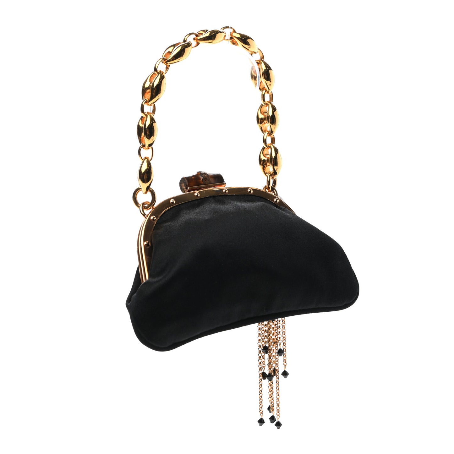 Satin Bamboo Jeweled Clutch Bag Black