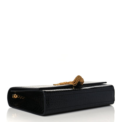 Saint Laurent Calfskin Crocodile Embossed Medium Classic Monogram Kate Tassel Satchel Black 4 of 9