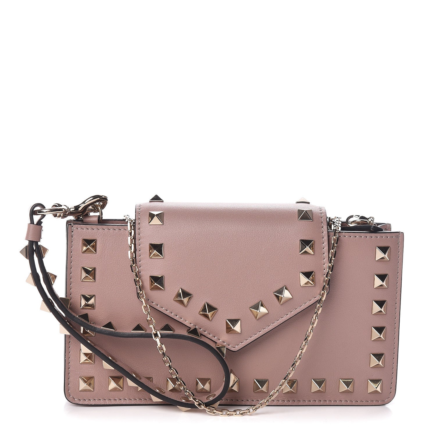 Valentino Garavani Calfskin Rockstud Phone Case With Chain Poudre 1 of 9