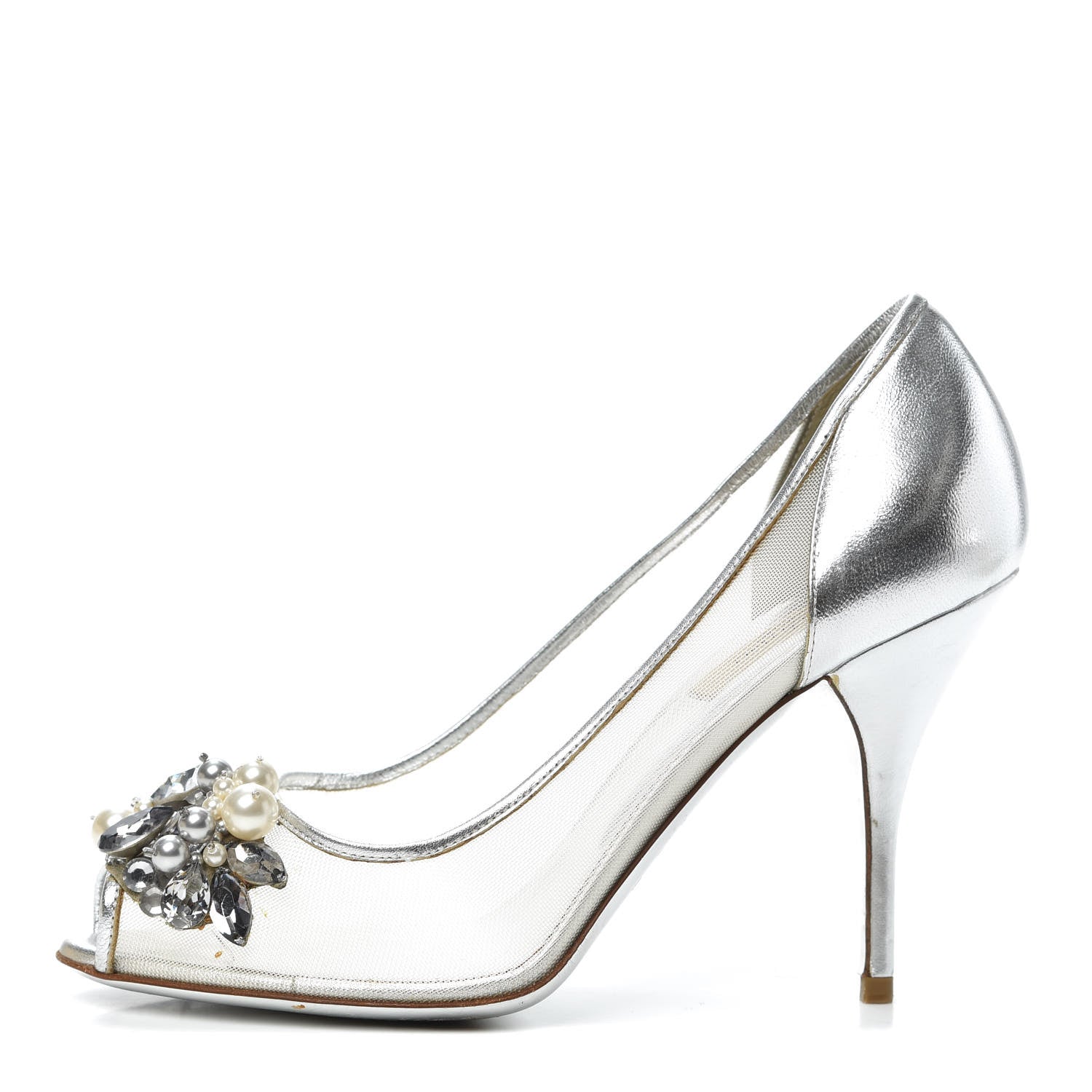 Valentino Garavani Metallic Nappa Mesh Crystal Pearl Peep Toe Pumps 37 Silver 1 of 7
